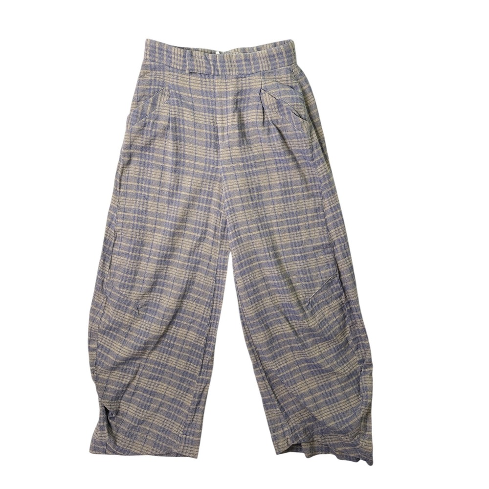 Free People Wide Leg Plaid Pants in Blue and Cream